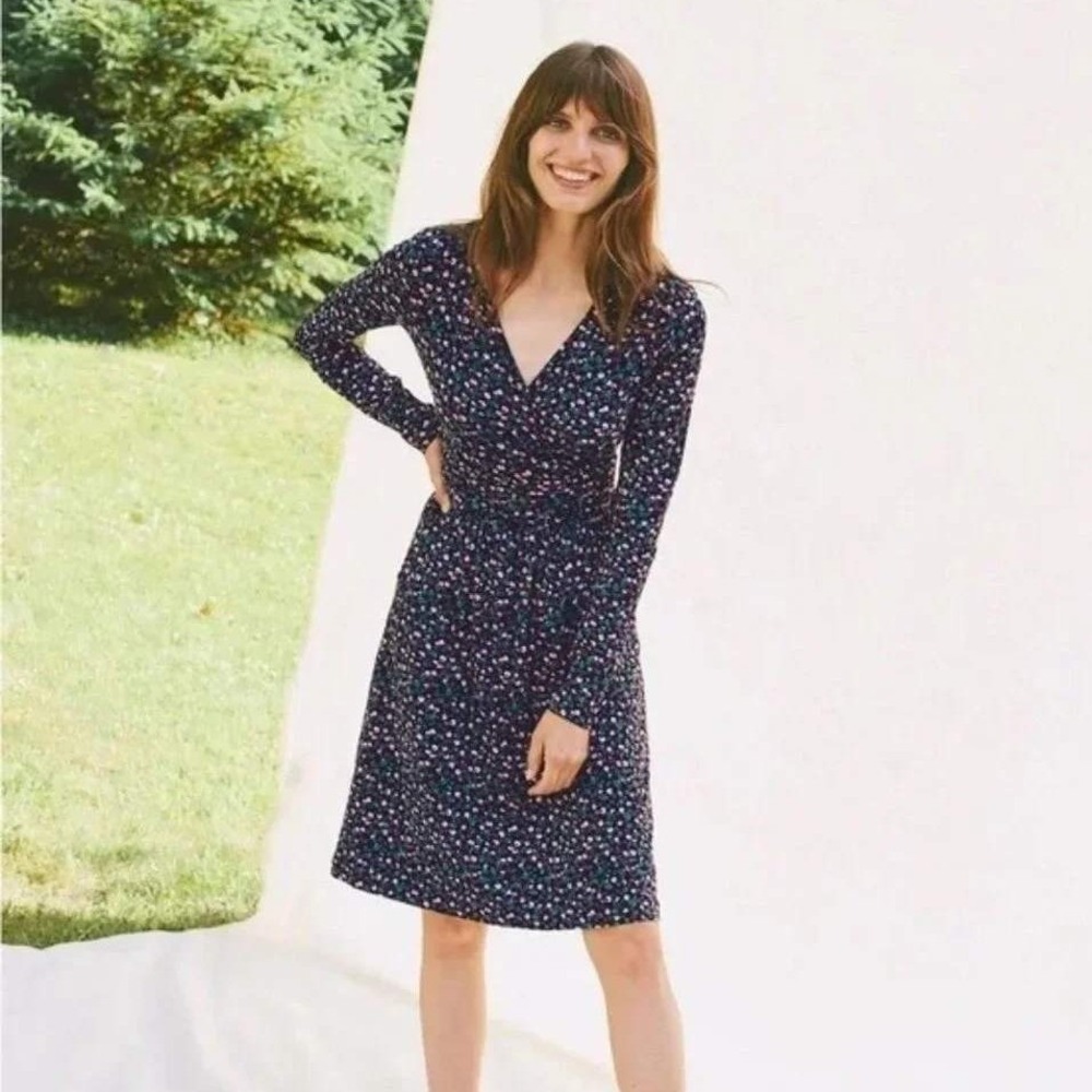 Boden Layla Jersey Knit Faux Wrap Dress Black Multi Leopard Print Womens 16 / 18